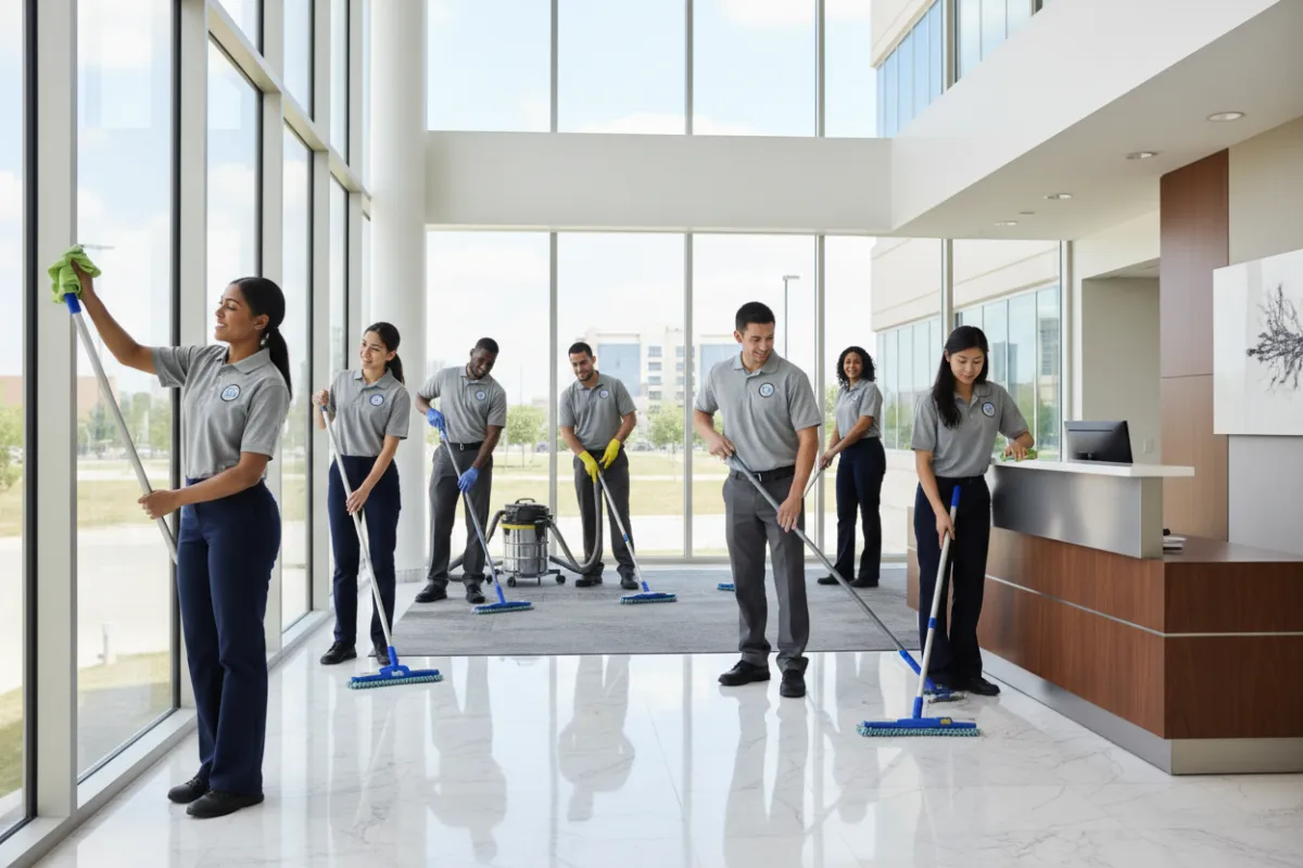 A diverse team of professional cleaners in branded uniforms cleaning a modern office lobby in Garland, TX.