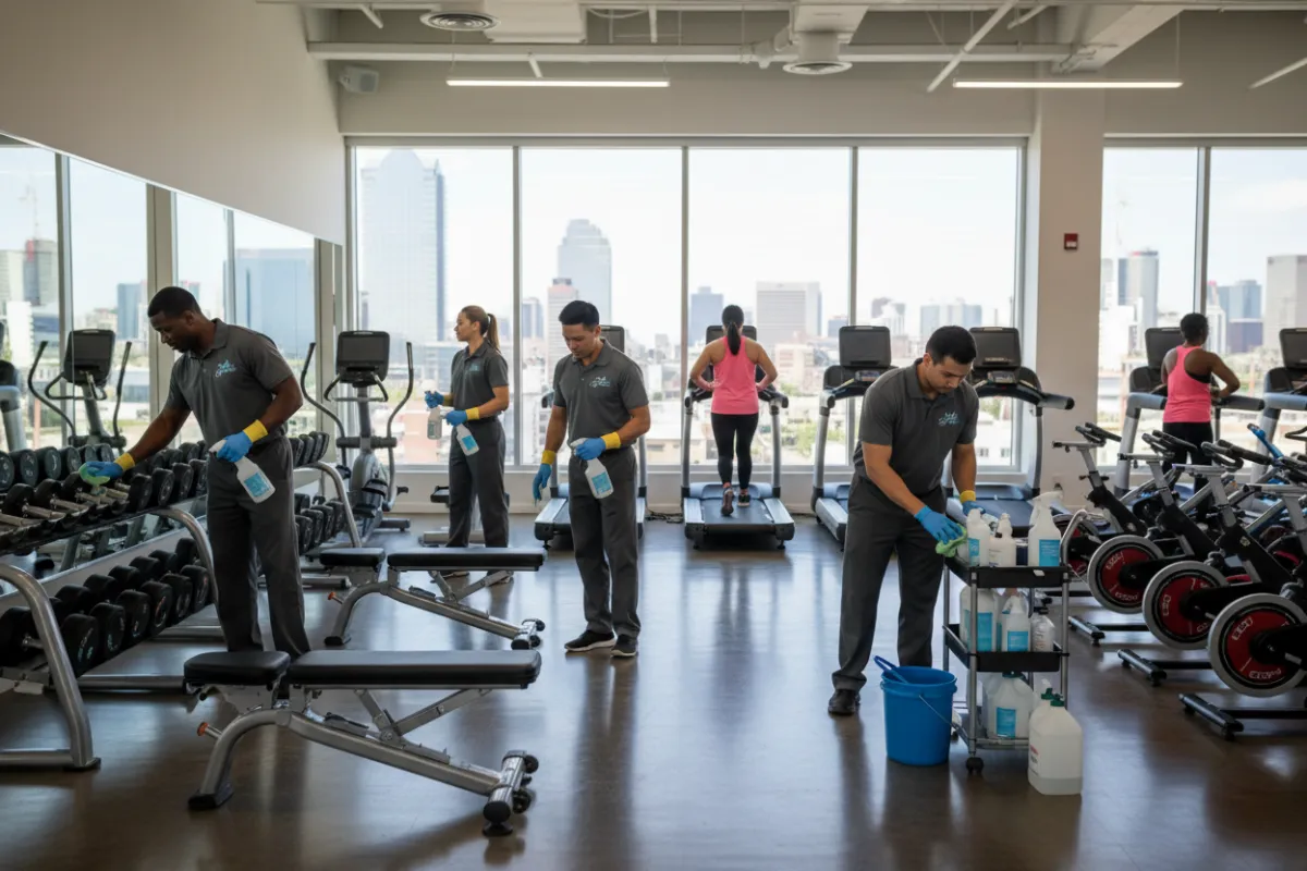 A diverse team of professional cleaners in branded uniforms sanitizing gym equipment in a spacious, modern Dallas fitness center. The background shows large windows, natural light, and active gym members. The scene conveys energy, cleanliness, and professionalism, with visible cleaning supplies and attention to detail.
