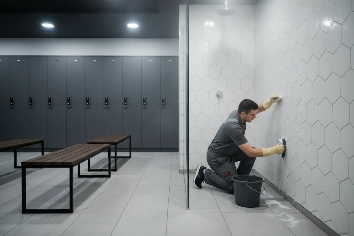 Locker room cleaning in progress, with attention to showers and benches