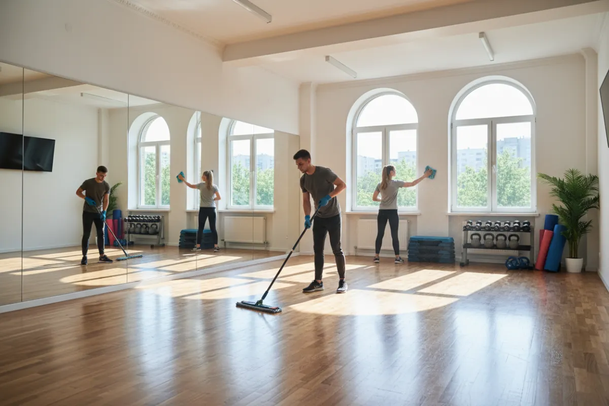 Cleaning group fitness studio with mirrors and mats in a gym