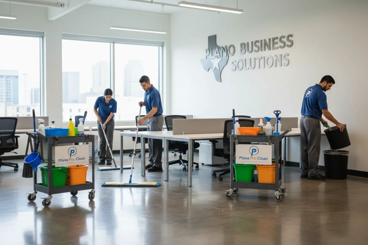 Janitorial services in Plano TX - TrueTxClean team cleaning office floors and restrooms