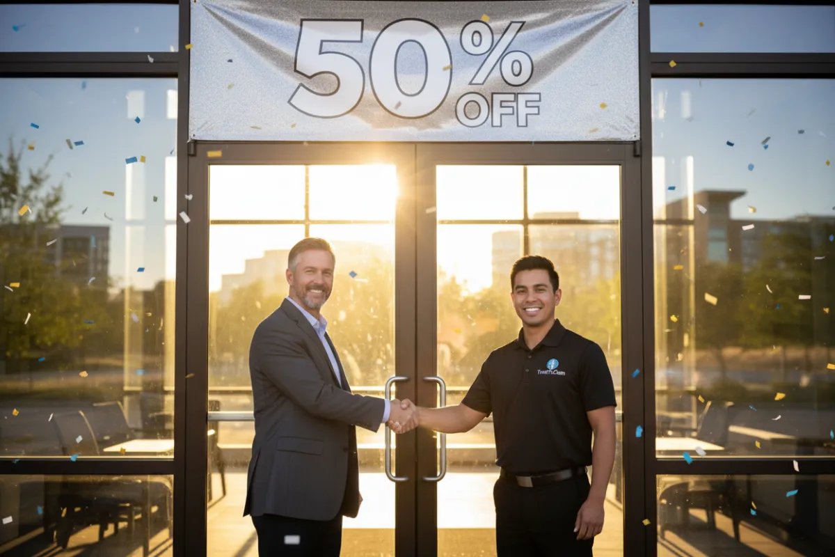 Plano business owner shaking hands with a TrueTxClean representative in front of a sparkling office entrance, with a '50% Off' sign and local Plano landmarks.