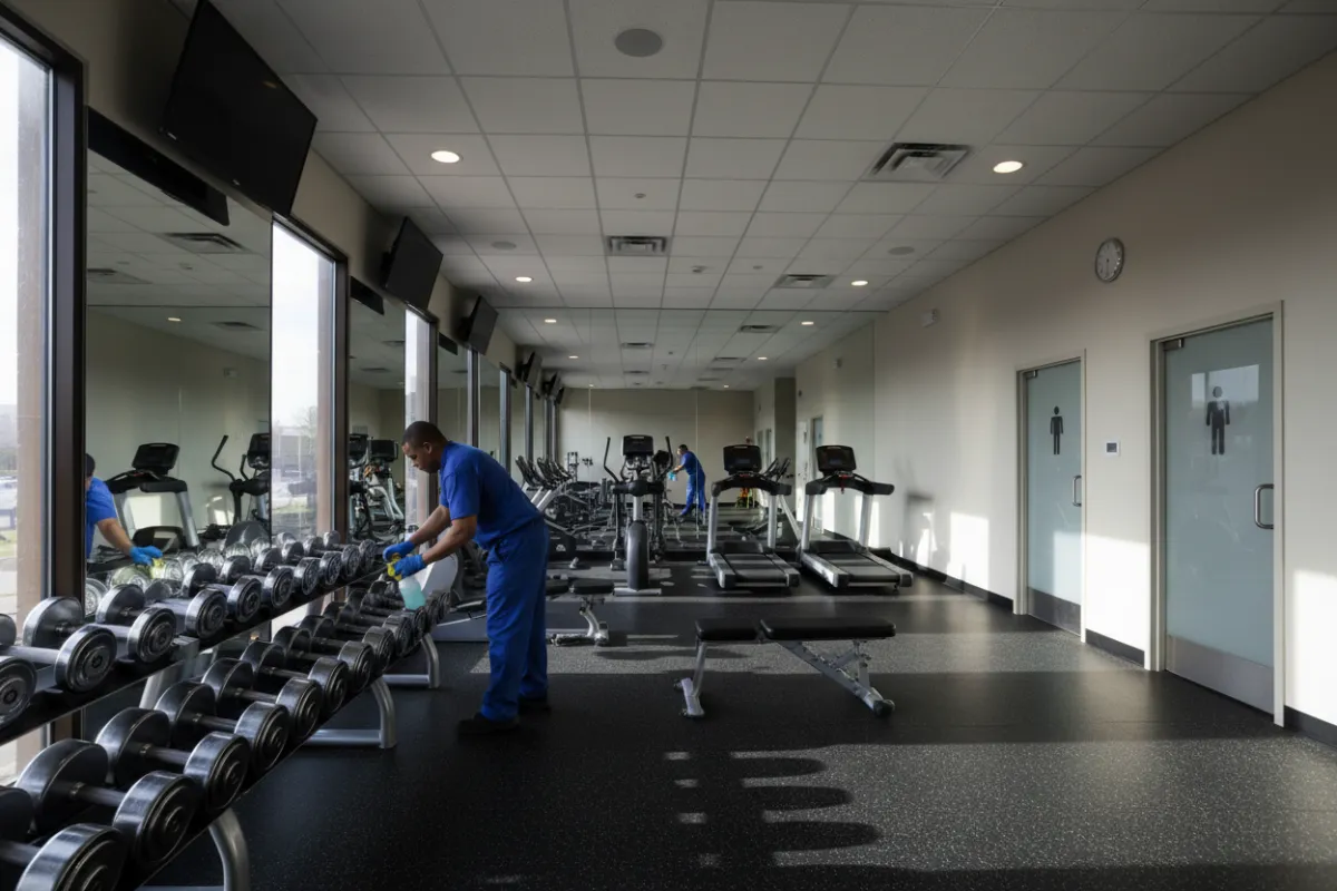A fitness center in Dallas with a cleaner wiping down free weights and cardio machines. The gym is well-lit, with mirrors, rubber flooring, and visible locker room doors. The environment is tidy and sanitized, reflecting a focus on health and cleanliness for gym members.