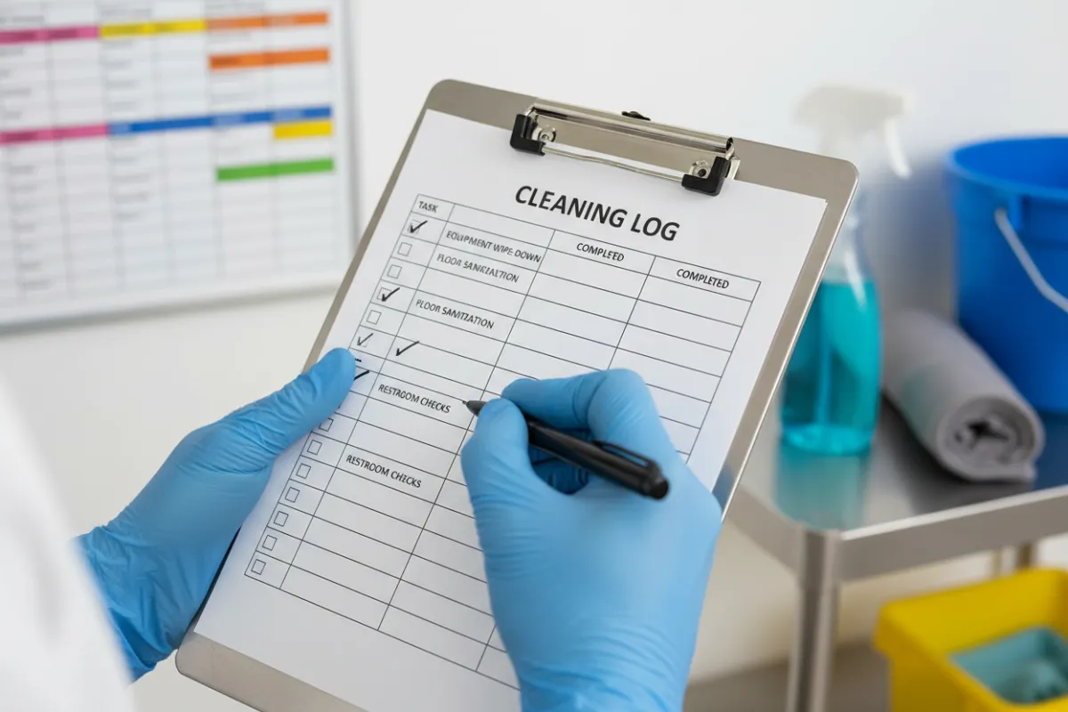 A close-up of a cleaning log clipboard with checklists being marked by a gloved hand. The background includes a wall-mounted schedule and cleaning supplies. The image conveys organization, transparency, and professionalism in gym cleaning operations.