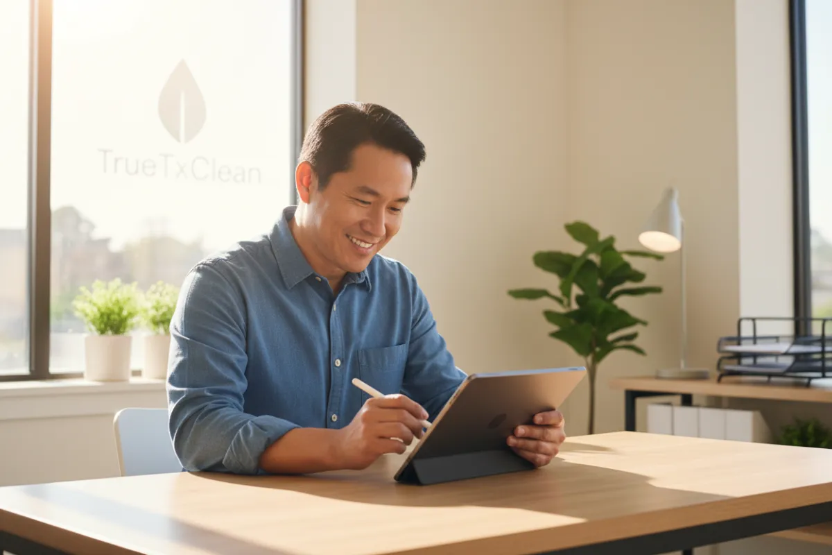 A business owner in Garland, TX, fills out a form on a tablet in a sunlit office. The owner, an Asian-American man in his 40s, is smiling and focused. The background shows a clean workspace with plants and a TrueTxClean logo visible on a window.