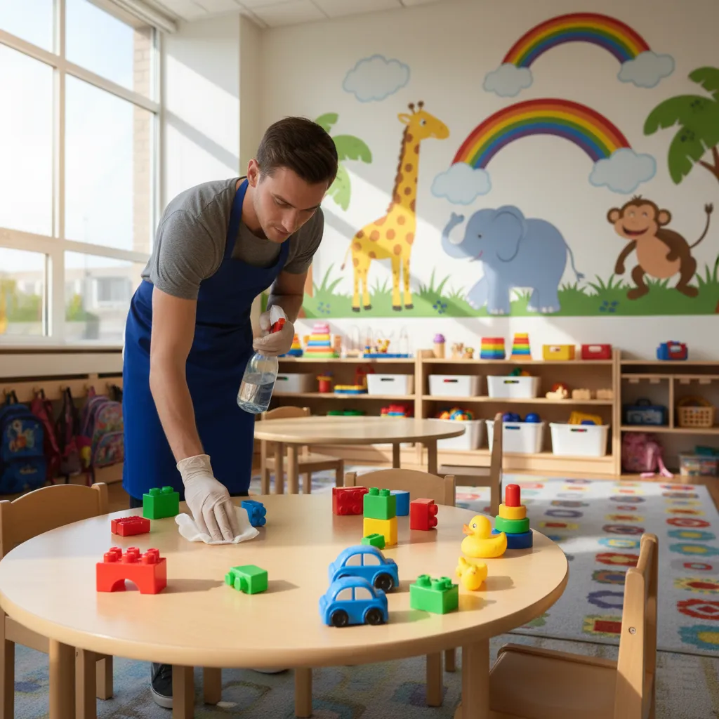 Daycare cleaning professional sanitizing toys and tables in a colorful classroom in Irving. The room has bright murals, child-sized furniture, and natural light. Cleaner uses spray bottles and wipes, ensuring safety.