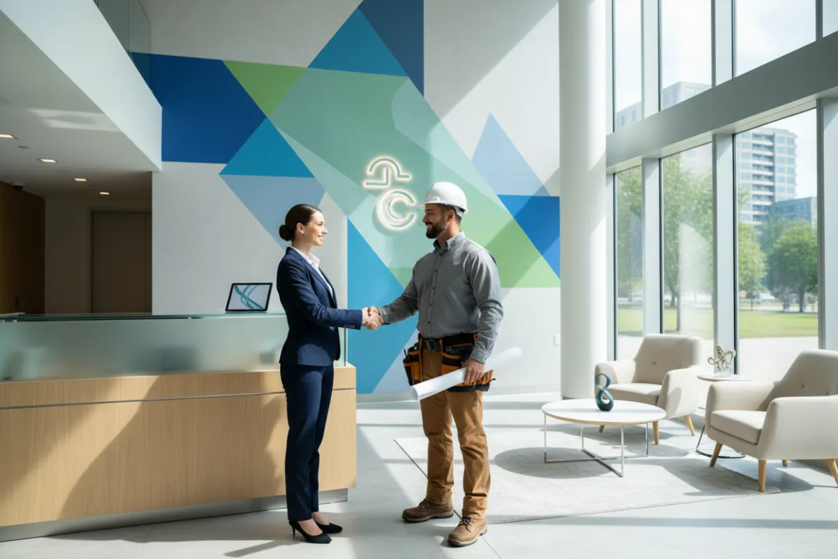 A clean, modern office lobby with a TrueTxClean representative greeting a general contractor for a scheduled walkthrough. Both are professionally dressed, shaking hands, with visible signage and a welcoming atmosphere, emphasizing readiness and partnership.