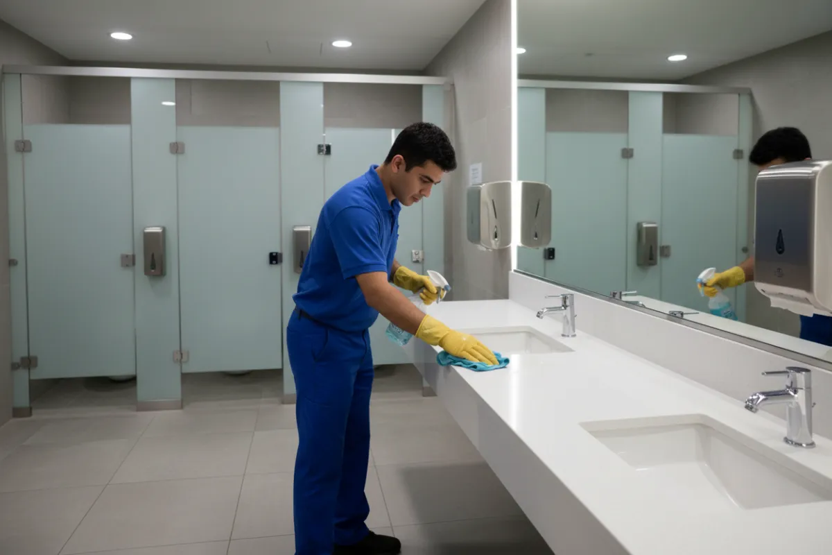 Restroom cleaning in a gym, with attention to sinks and stalls