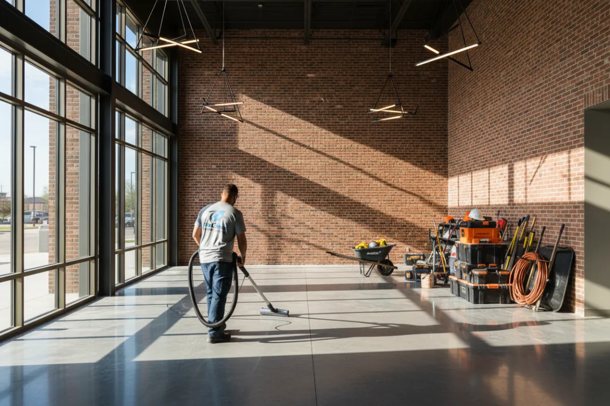 A TrueTxClean crew member vacuuming a newly finished commercial lobby in Frisco, with construction tools neatly stacked in the background. The space features exposed brick, modern lighting, and large windows, emphasizing transformation from construction to clean.