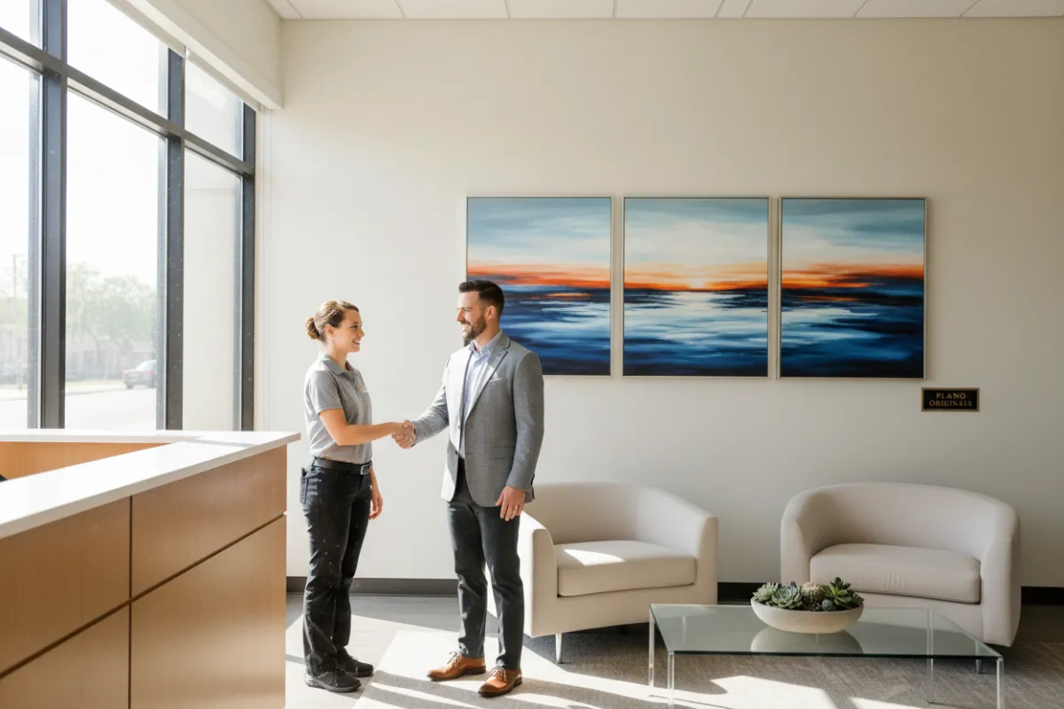 A bright, inviting image of a smiling cleaning professional greeting a business owner in a sunlit Plano office reception area. The setting includes local artwork and modern furnishings, highlighting a welcoming, client-focused atmosphere unique to Plano businesses.