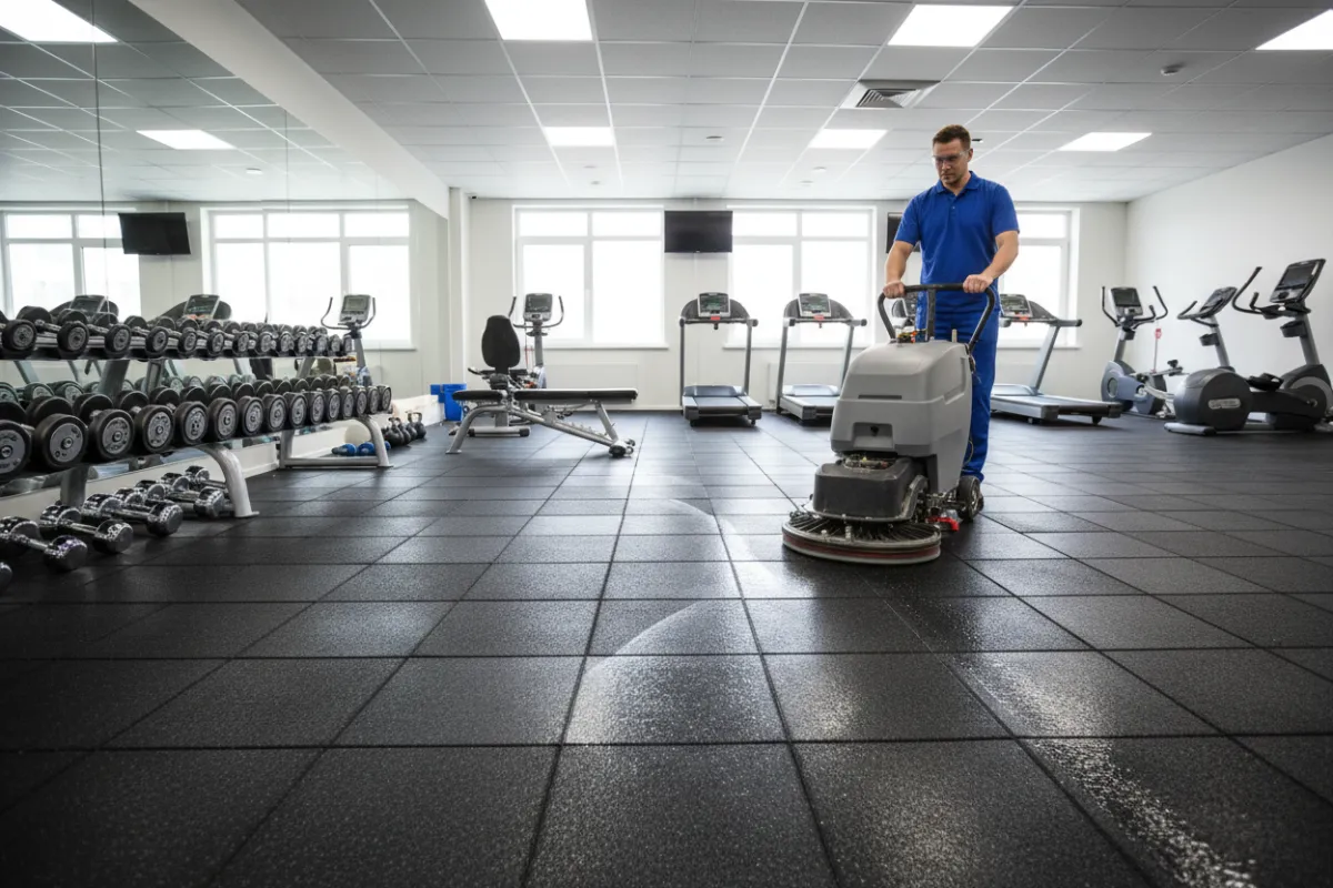 Professional cleaning gym floors with specialized equipment in a fitness center