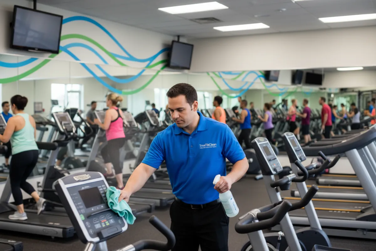 Gym cleaning in Plano TX - TrueTxClean staff sanitizing fitness equipment