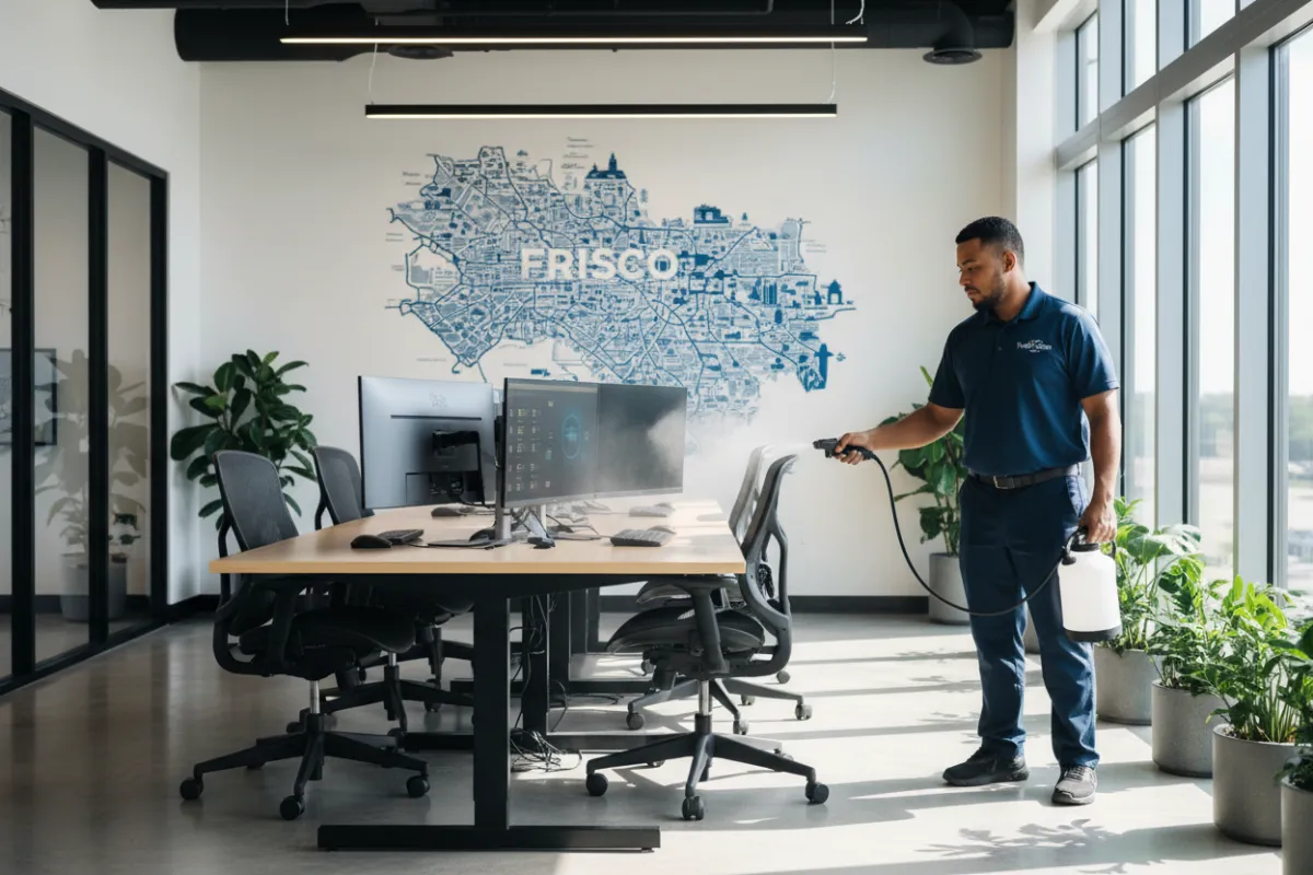A TrueTxClean cleaner disinfecting a shared workspace in a Frisco tech office, with ergonomic chairs, large monitors, and collaborative tables. The background shows a city map of Frisco on the wall, reinforcing the local focus. The scene is bright and organized.