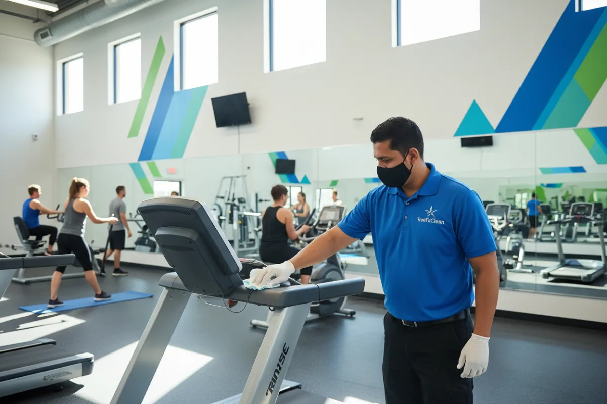 A TrueTxClean team member wiping down gym equipment in a Frisco fitness center, with diverse gym-goers exercising in the background. The facility is bright, with motivational posters and large mirrors, highlighting cleanliness and energy.