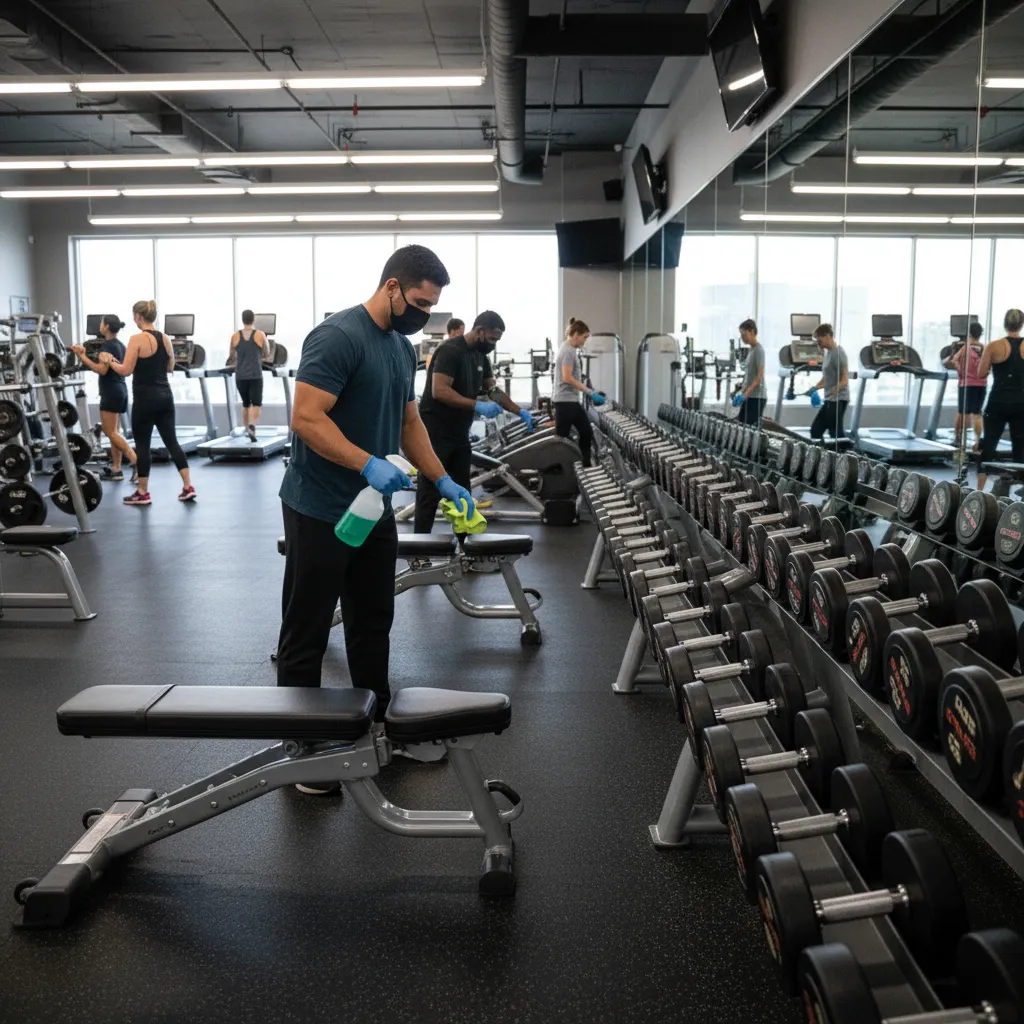 Gym cleaning specialist disinfecting free weights and benches in a busy Dallas fitness center. The gym is modern, with large mirrors, rubber flooring, and active members in the background. Cleaner wears gloves and mask.