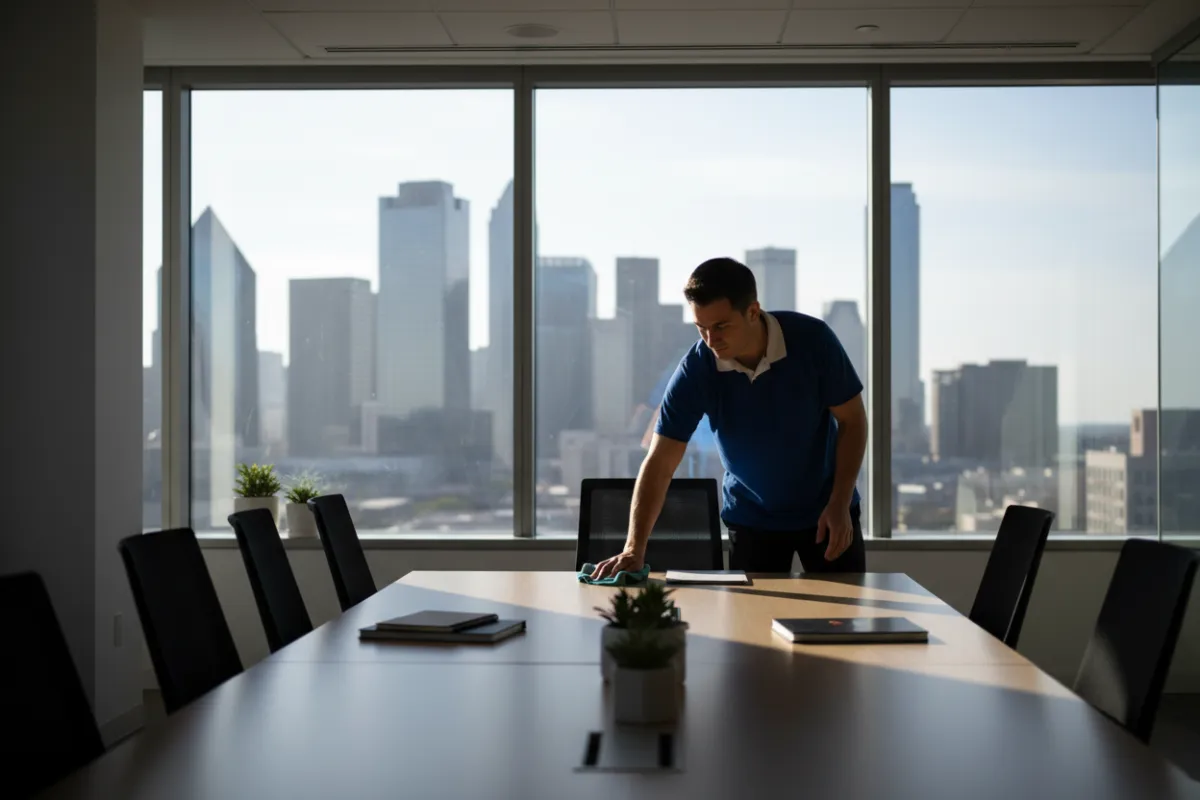 A professional cleaning technician in uniform is wiping down a conference table in a sunlit DFW office. The background shows large windows with a cityscape view, and the workspace is organized and inviting. The image highlights attention to detail and a commitment to cleanliness.