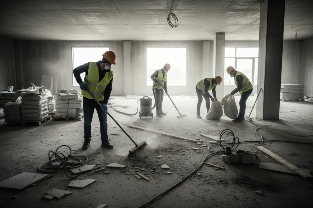 A construction cleaning crew in safety gear removing debris and sweeping a large, unfinished commercial floor. The team is actively working, with visible dust and construction materials, highlighting the initial cleanup phase in a real jobsite environment.
