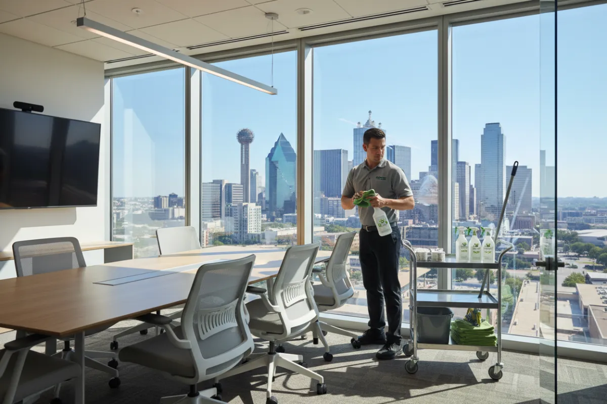 Technician cleaning a glass-walled Dallas office conference room, modern furniture, city skyline visible, eco-friendly supplies, 3:2 aspect ratio.