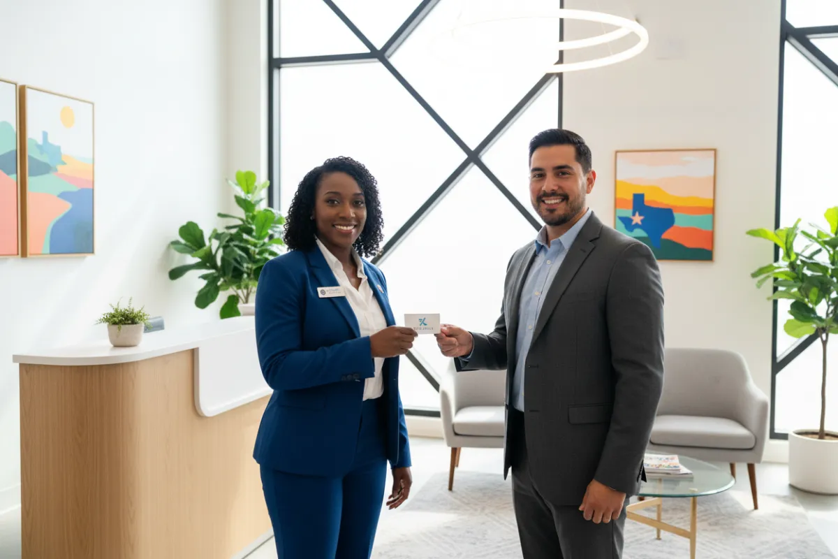 A smiling TrueTxClean team member hands a business card to a new client in a Garland office. The setting is a bright, modern reception area with plants and local artwork. Both individuals are mid-30s, one Hispanic, one Black, dressed professionally.