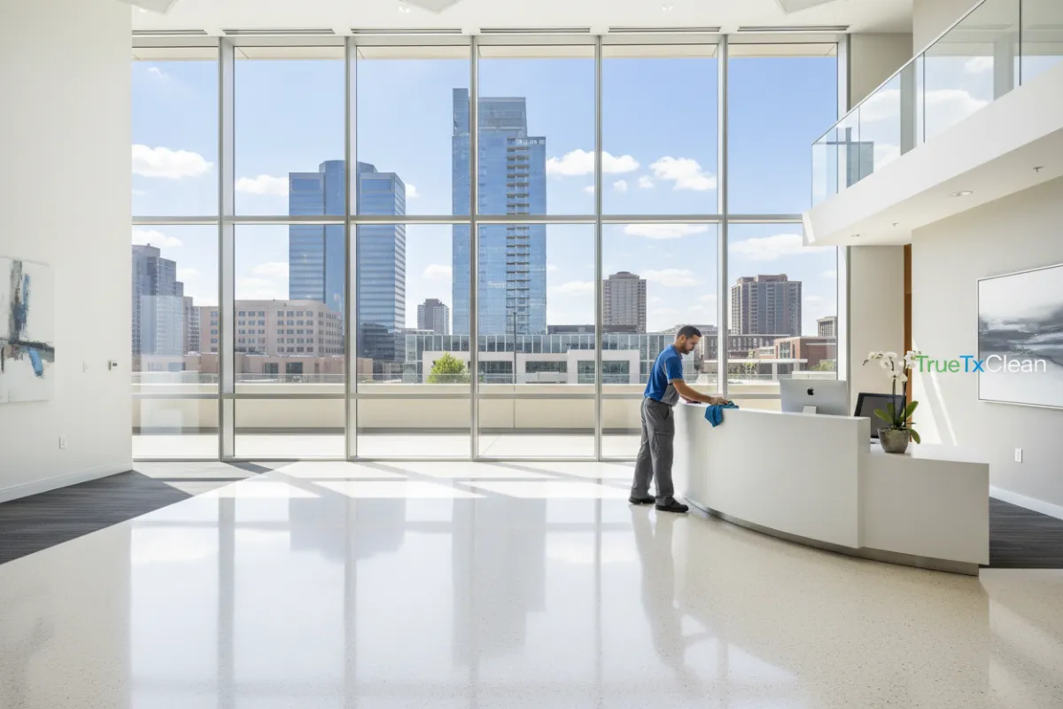 A wide-angle view of a modern Frisco office lobby with glass walls, polished floors, and a TrueTxClean uniformed cleaner wiping a reception desk. The scene is bright, with natural light streaming in, and the Frisco skyline visible through the windows. The composition emphasizes professionalism and cleanliness.