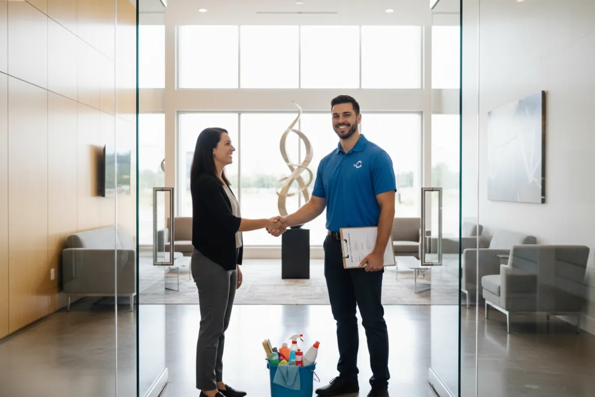 A smiling TrueTxClean representative greets a facility manager at the entrance of a Dallas business. Both are shaking hands, with a clipboard and cleaning supplies visible. The background shows a clean, modern lobby, creating a welcoming and professional impression for new clients.