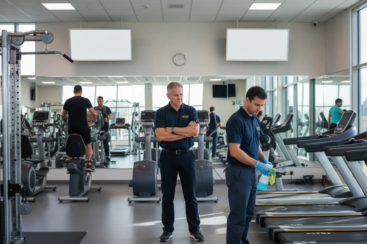 A gym owner observing a cleaning professional wiping down a cardio machine in a busy fitness center. The background features gym-goers using equipment, with clear signage and mirrors reflecting the clean environment. The image highlights the importance of regular cleaning in active, high-traffic spaces.