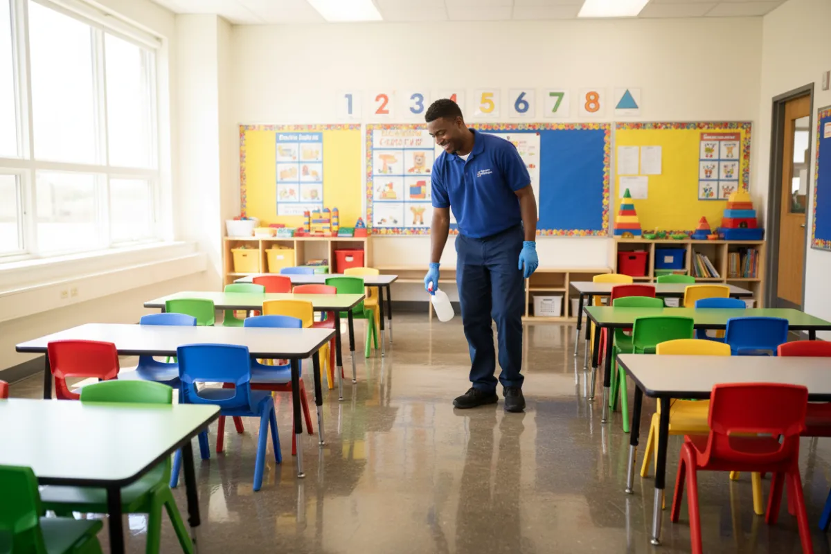 A Dallas classroom with a cleaner wiping down colorful desks and chairs. Educational posters and toys are visible, and the floor is freshly mopped. The scene is bright and cheerful, emphasizing safety and cleanliness in a child-friendly learning environment.
