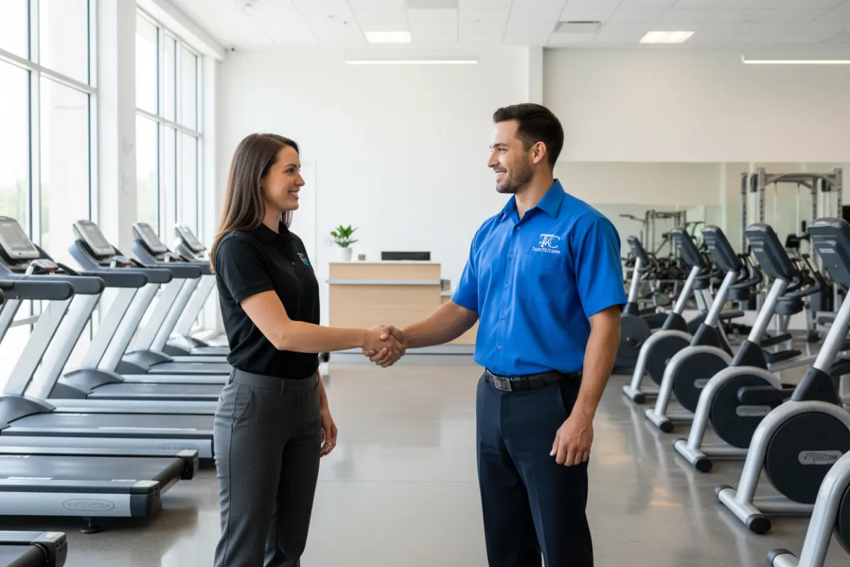 A gym manager shaking hands with a TrueTxClean representative in a spotless gym lobby. The background features clean equipment, polished floors, and a welcoming reception area. The image conveys trust, partnership, and readiness to begin a cleaning relationship.