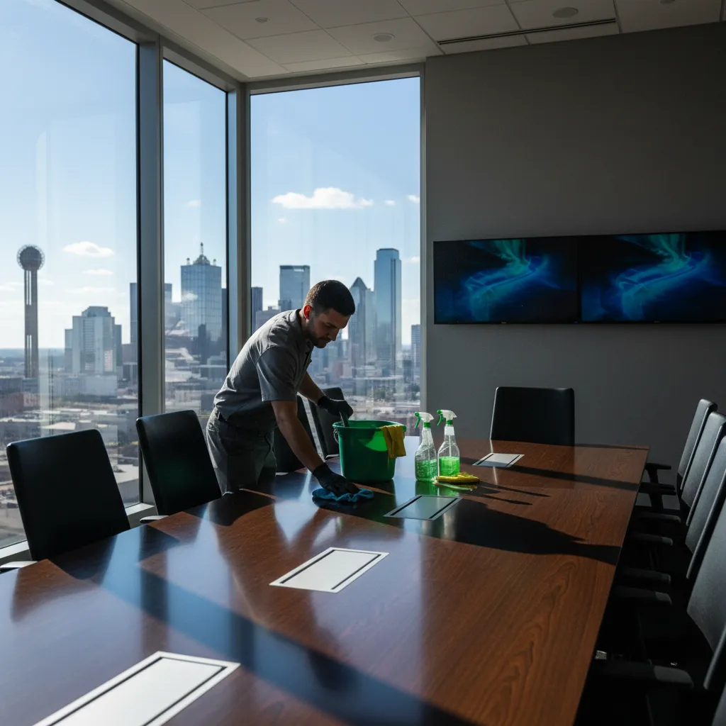 Office cleaning professional wiping down a conference table in a Dallas high-rise. The room features city views, ergonomic chairs, and digital screens. Cleaner uses microfiber cloths and green cleaning products.