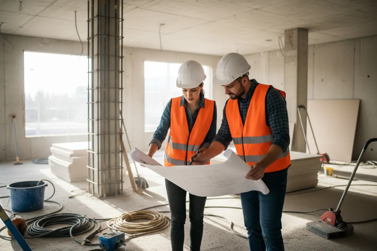 A project manager and a cleaning supervisor reviewing blueprints on a construction site, both wearing safety vests and hard hats. The background shows a partially finished commercial space with visible construction materials, highlighting teamwork and attention to detail.