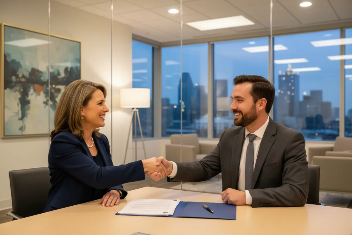 A Dallas business owner shakes hands with a TrueTxClean representative, both smiling, with a contract visible on the table. The background is a modern office, and the scene conveys trust, partnership, and a welcoming atmosphere. The image is candid and business-focused, 3:2 aspect ratio.