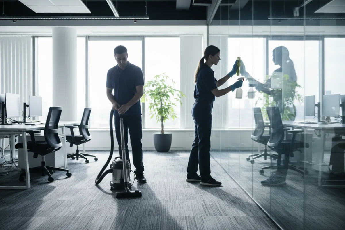 A cleaning professional is vacuuming a carpeted office floor while another wipes down a glass partition. The office is filled with natural light, and the team is focused on their tasks. The image highlights teamwork, attention to detail, and a clean, organized workspace.