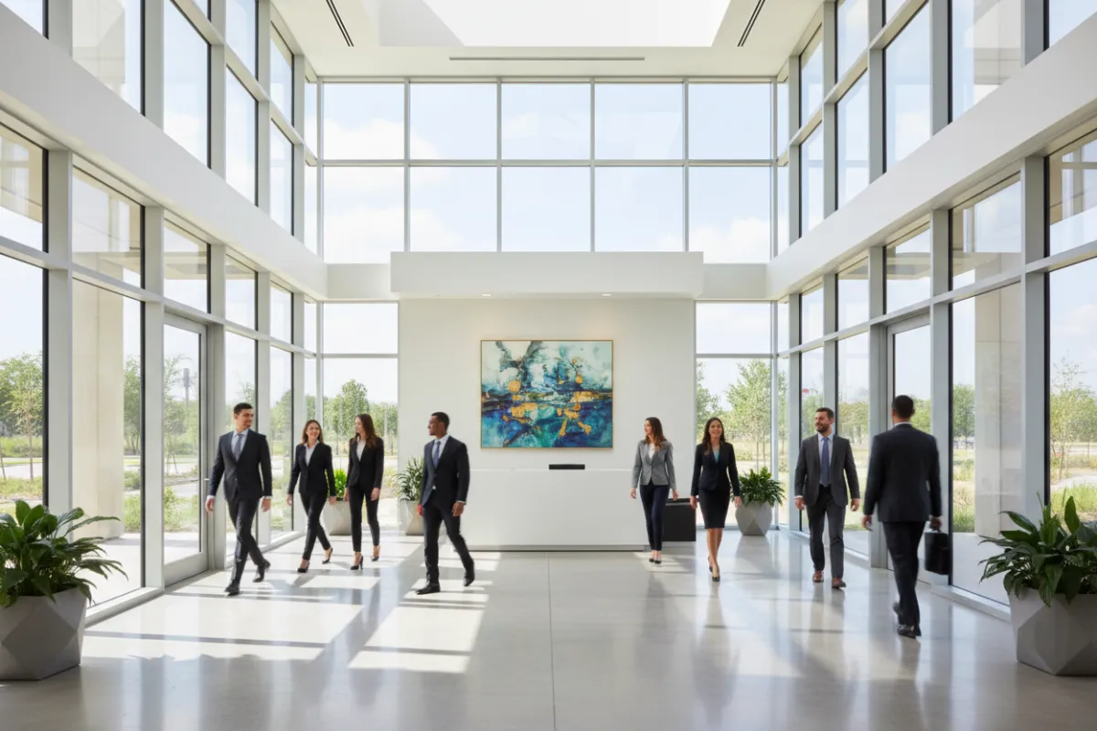 A bright, modern DFW office lobby with glass walls, polished floors, and a diverse group of professionals walking through. The space is spotless, with sunlight streaming in, reflecting a high standard of cleanliness. The scene conveys professionalism and a welcoming environment.