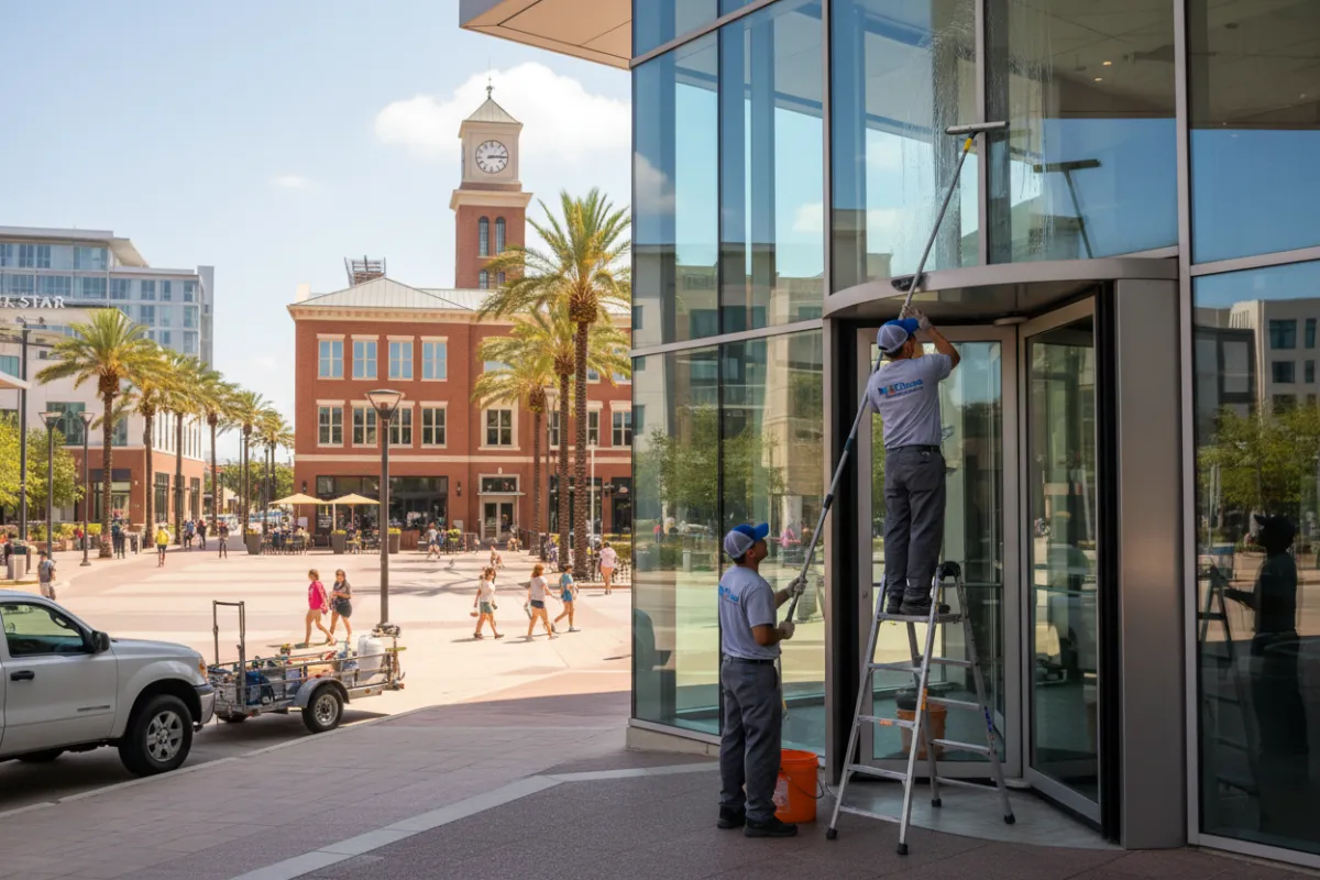 TrueTxClean team cleaning a business near The Star in Frisco, with Frisco Square visible in the background