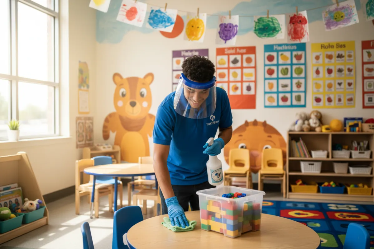 A TrueTxClean cleaner sanitizing toys and tables in a Frisco daycare classroom, with colorful murals, educational posters, and children’s artwork on the walls. The scene is cheerful and safe, emphasizing attention to child health.