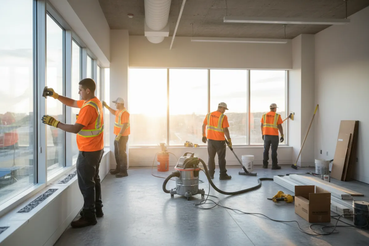 A TrueTxClean crew in safety vests and gloves meticulously cleaning a newly constructed office in Plano. The image shows removal of dust from windowsills and floors, with construction tools in the background, capturing the transformation from build site to business-ready space.