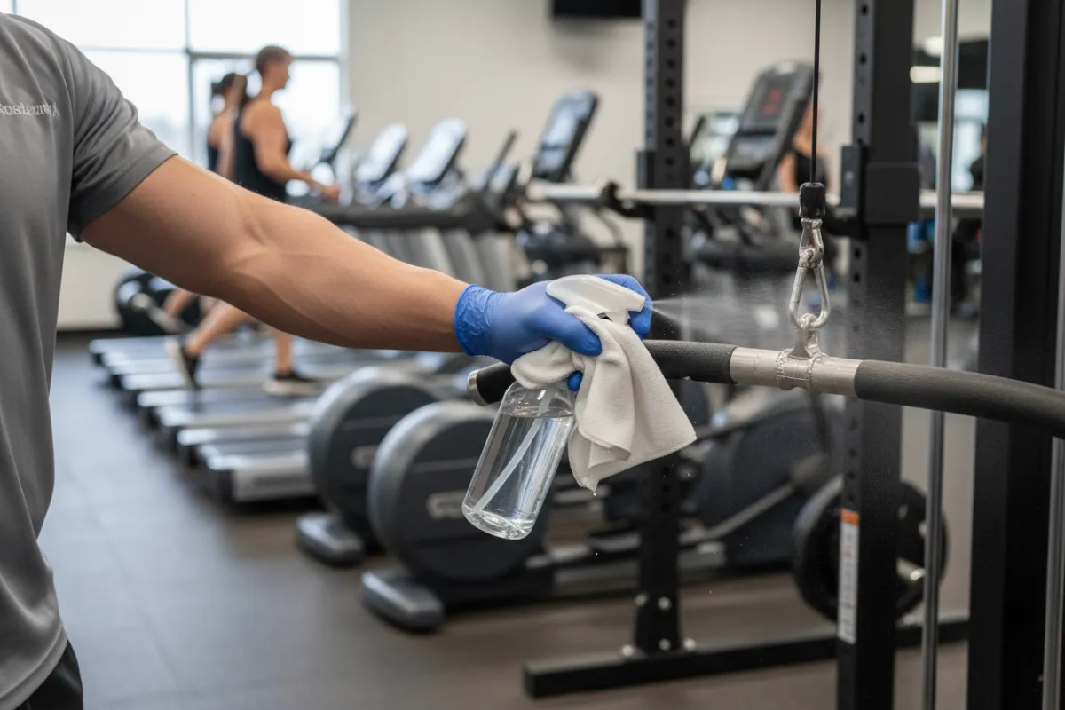 Cleaning professional wiping down gym equipment with disinfectant in a Dallas fitness center
