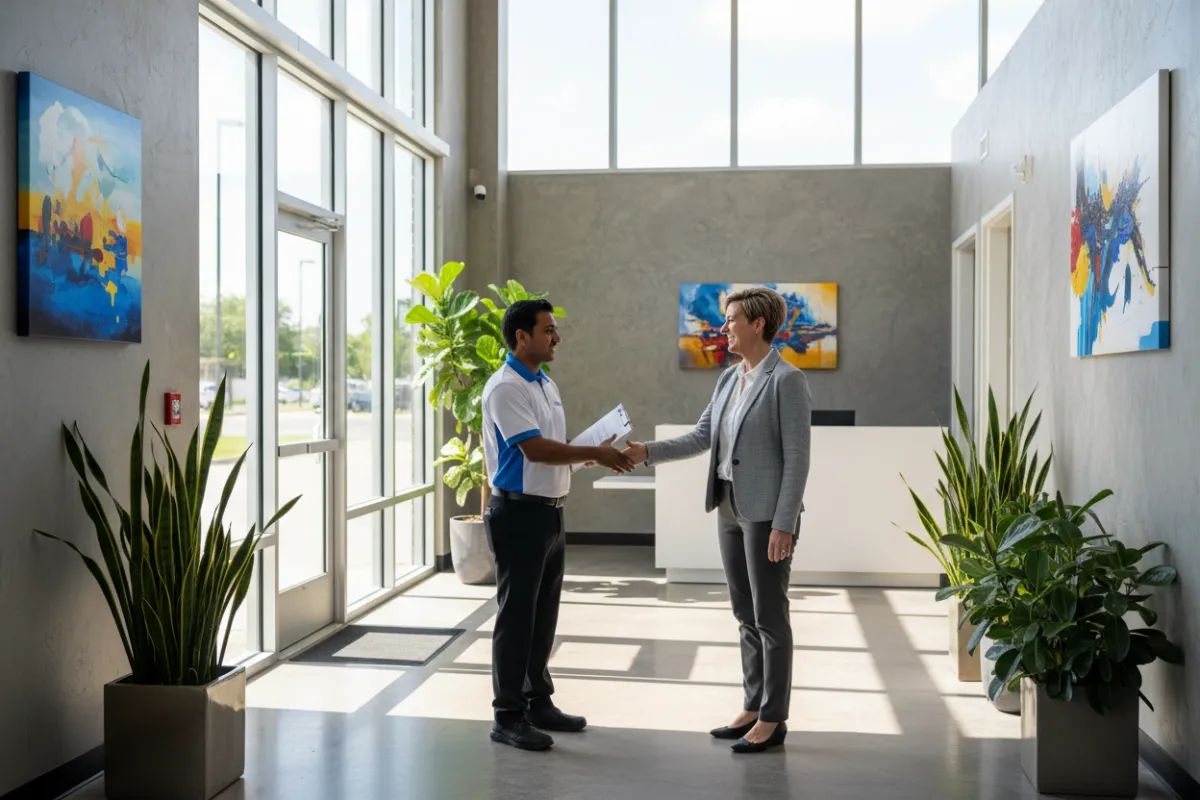 TrueTxClean staff member greeting a business owner in a Garland office lobby