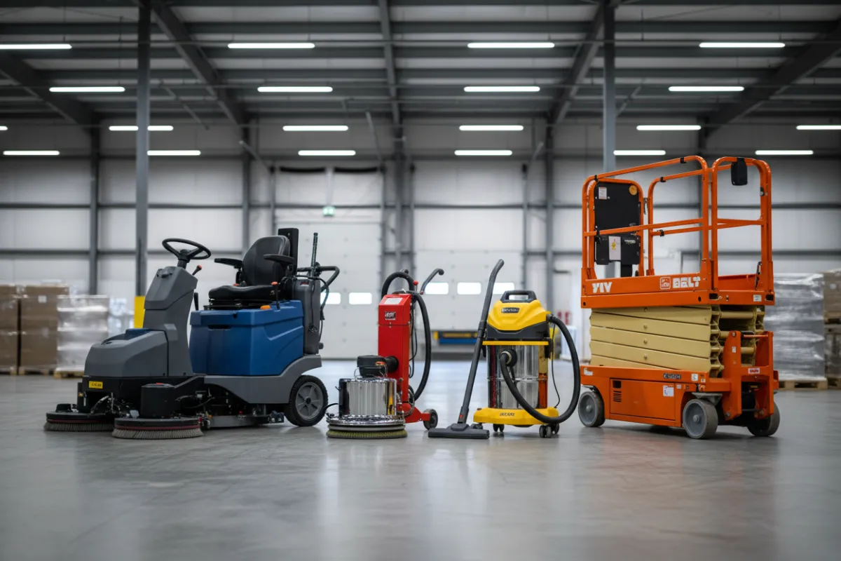 Post construction cleaning equipment including scrubbers, burnishers, HEPA vacuums, and lifts