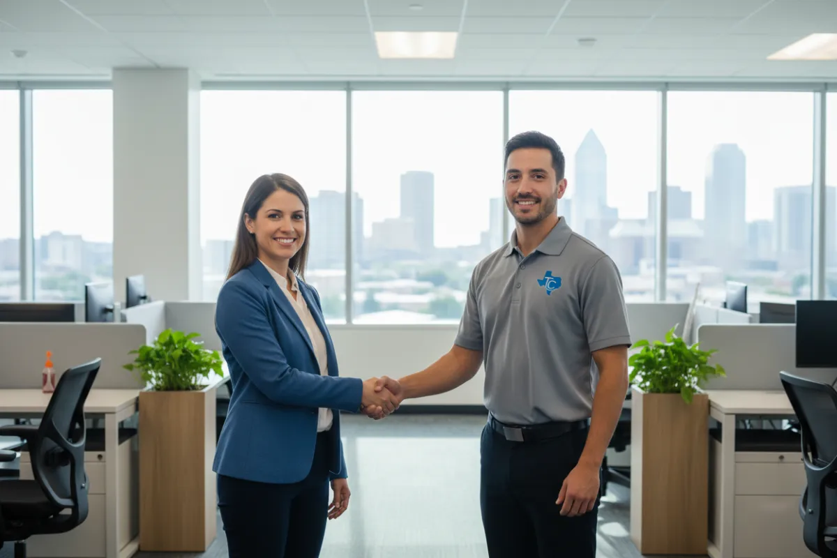 A smiling office manager shakes hands with a TrueTxClean representative in a modern DFW office. The background features clean desks, plants, and large windows. The image conveys trust, partnership, and a positive start to a professional cleaning relationship.