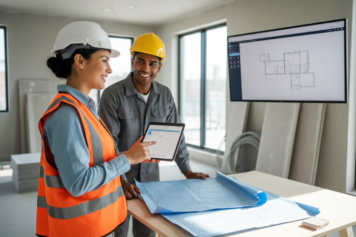 A project manager using a tablet to schedule a walkthrough with a cleaning company representative on-site. Both are smiling, standing in a clean, modern construction area, with blueprints and digital plans visible, emphasizing convenience and professionalism.
