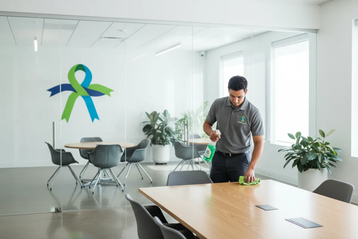 Office cleaning in Plano TX - TrueTxClean staff sanitizing desks and conference rooms