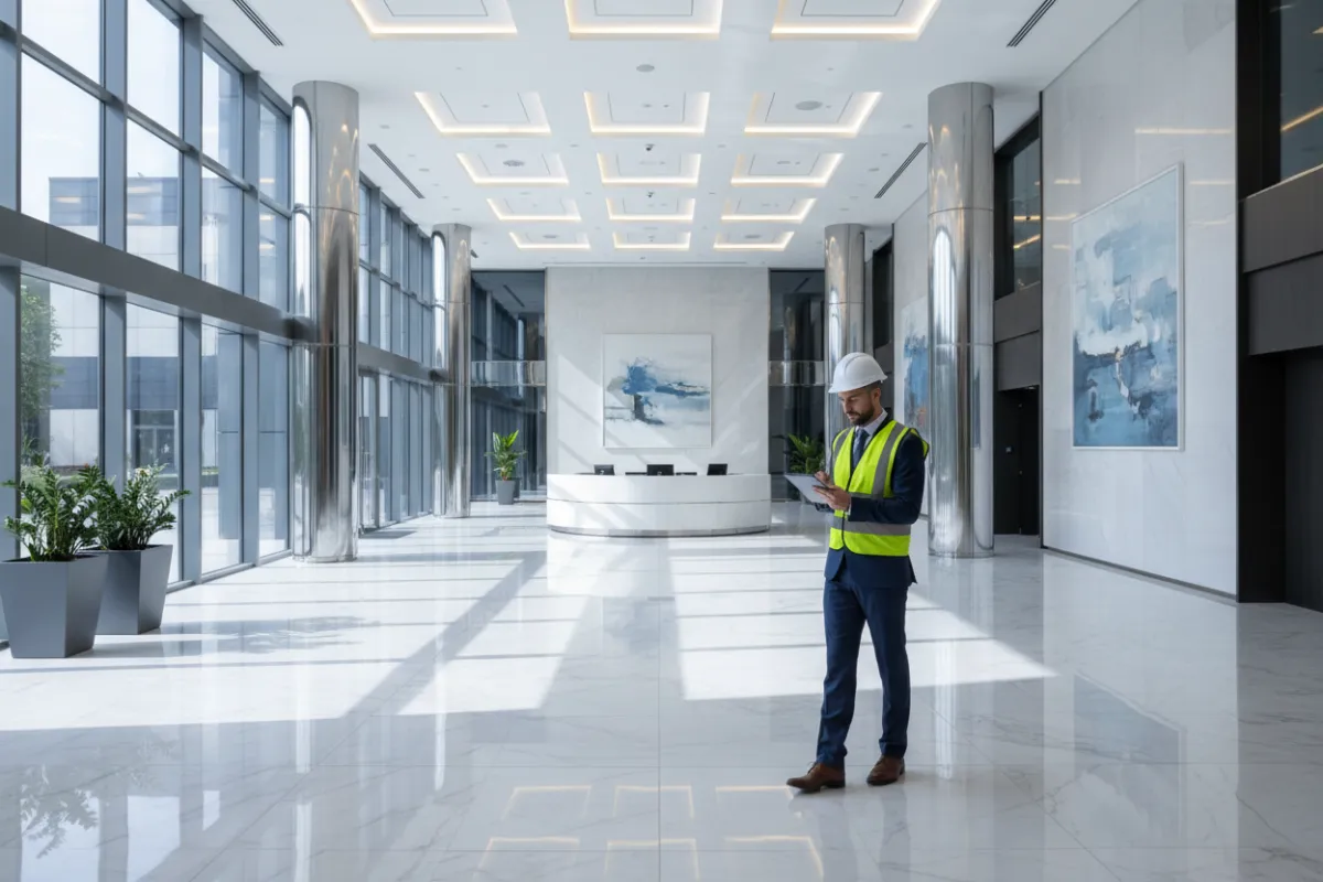 A supervisor conducting a final inspection with a checklist in hand, walking through a spotless, newly finished commercial lobby. The space is immaculate, with polished floors and gleaming surfaces, ready for client presentation.
