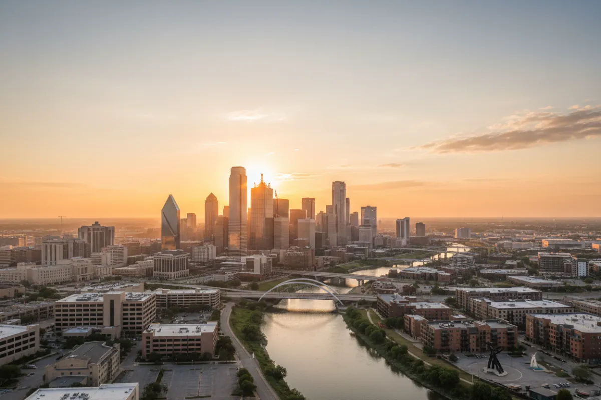 Dallas skyline at sunrise with Uptown, Downtown, Medical District, and Design District highlighted, modern buildings, clear sky, 3:2 aspect ratio.