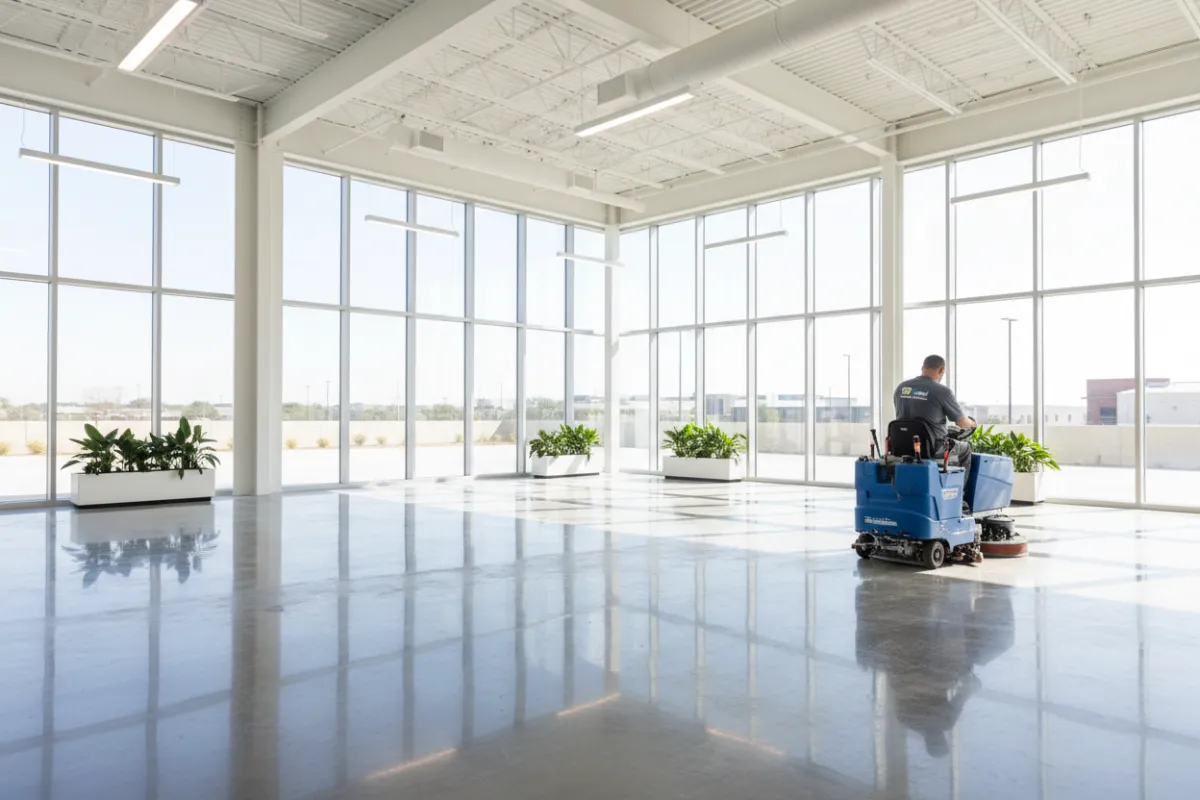 A wide-angle view of a newly completed commercial building interior in DFW, TX, with sunlight streaming through large windows, spotless floors, and a cleaning professional in uniform using a floor scrubber. The setting is bright, modern, and emphasizes cleanliness and readiness for occupancy.