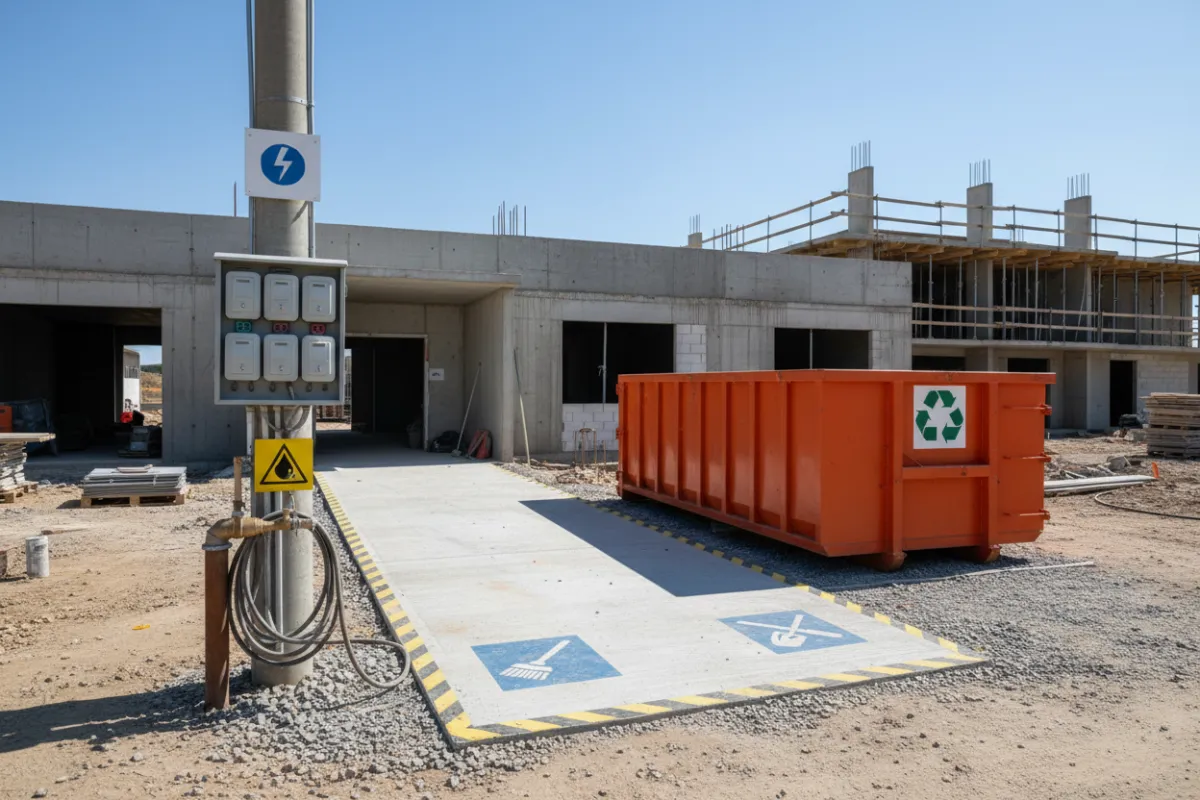A construction site showing a visible power outlet, water hookup, and a large dumpster near the building entrance. The area is organized and accessible, with clear signage and pathways for cleaning crews, highlighting essential jobsite requirements.