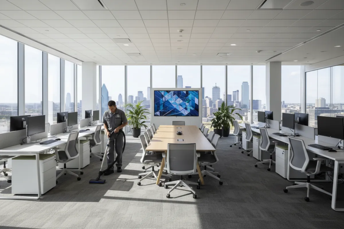 A professional cleaner vacuums a spacious Dallas office with glass walls, ergonomic desks, and a large conference table. The scene includes neatly arranged chairs and a digital display, with sunlight streaming in. The atmosphere is organized and businesslike, highlighting attention to detail in a corporate setting.