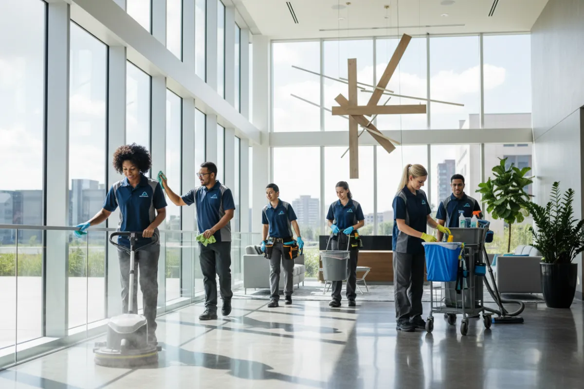 Professional cleaning team in branded uniforms working in a modern Dallas office lobby, glass walls, natural light, diverse team, equipment visible, energetic and focused, 3:2 aspect ratio.