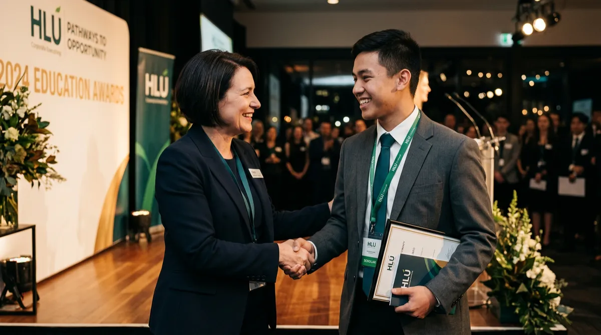 Corporate executive shaking hands with young scholar at financial university award showcase