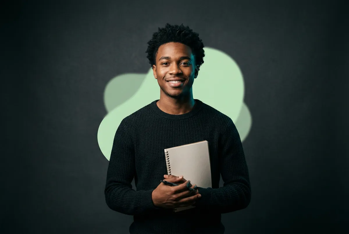 An inspiring young Black student smiling proudly in a modern classroom setting holding academic notebooks